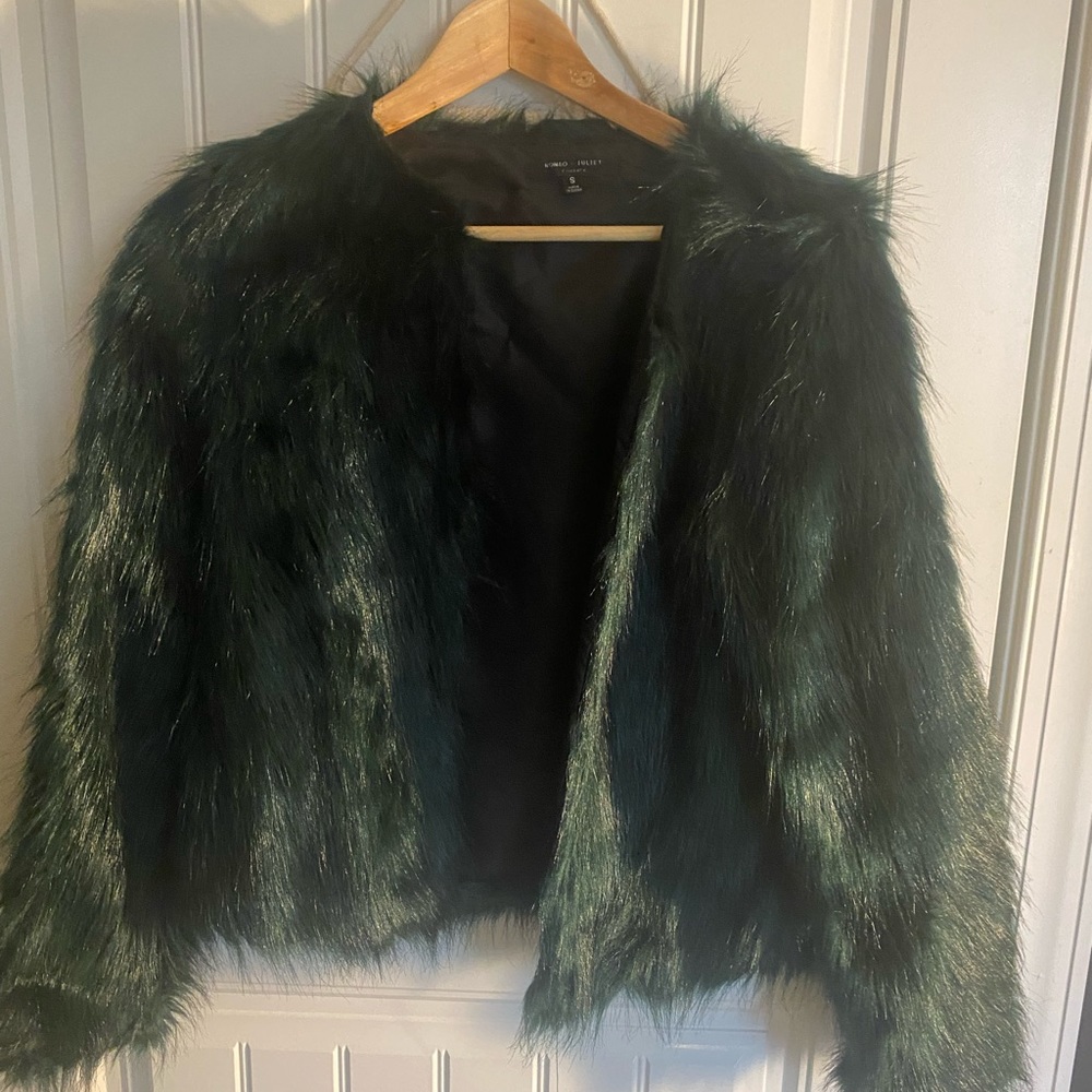 Emerald green, waist length synthetic fur fashion coat. Worn twice